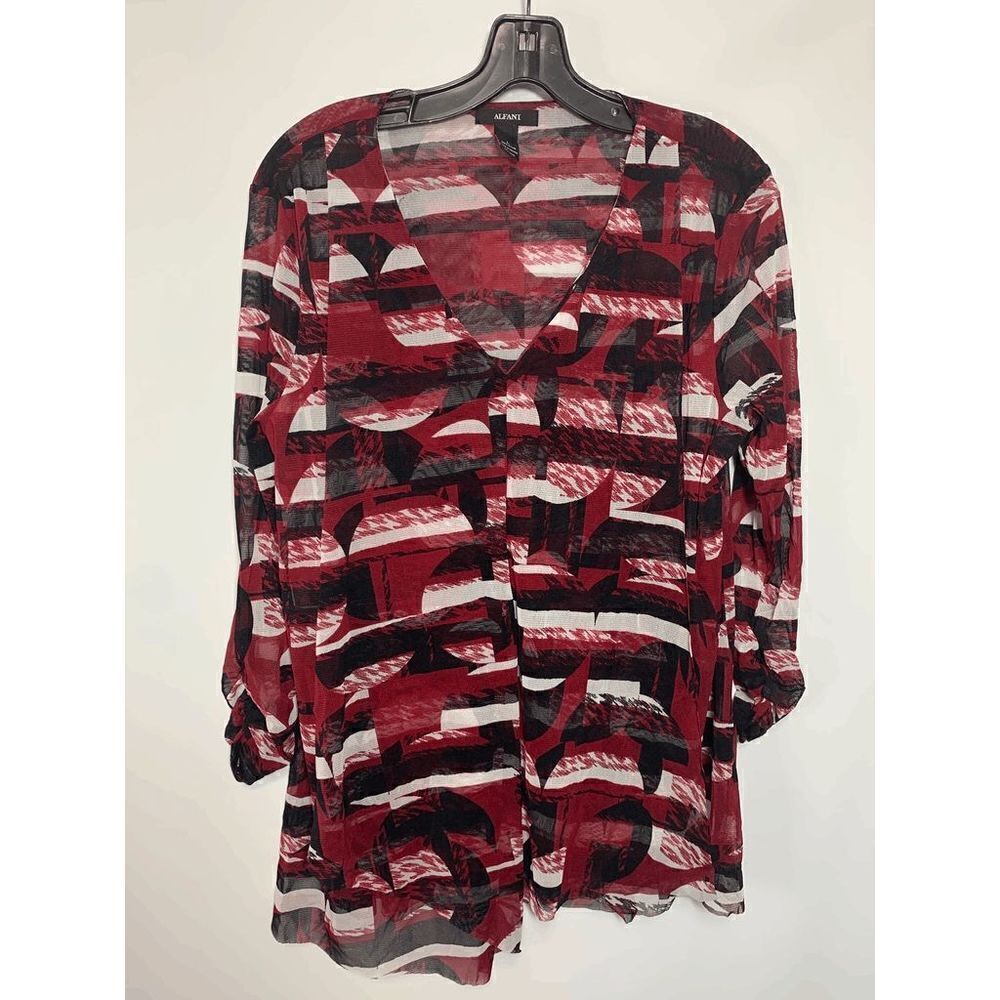Alfani Women's V-Neck Ruched Sleeve 3-Tone Pullover Blouse Black Red Size Large